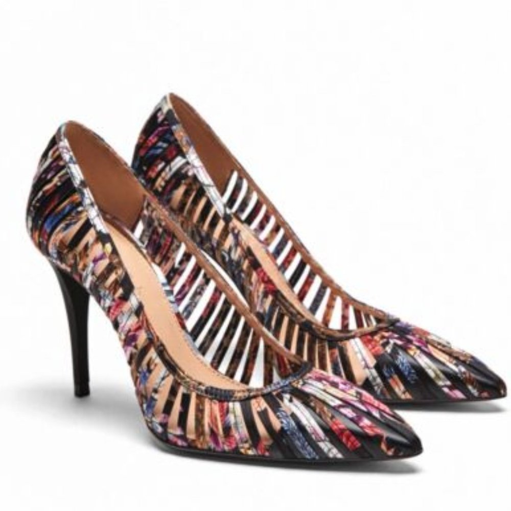 ZARA WOMAN Floral Fabric Cut-Out Strips Pointed Toe Heel Pumps EU39/8.5 EUC